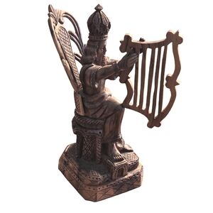 Ornate Carved Olive Wood King David with Harp Holy Land
